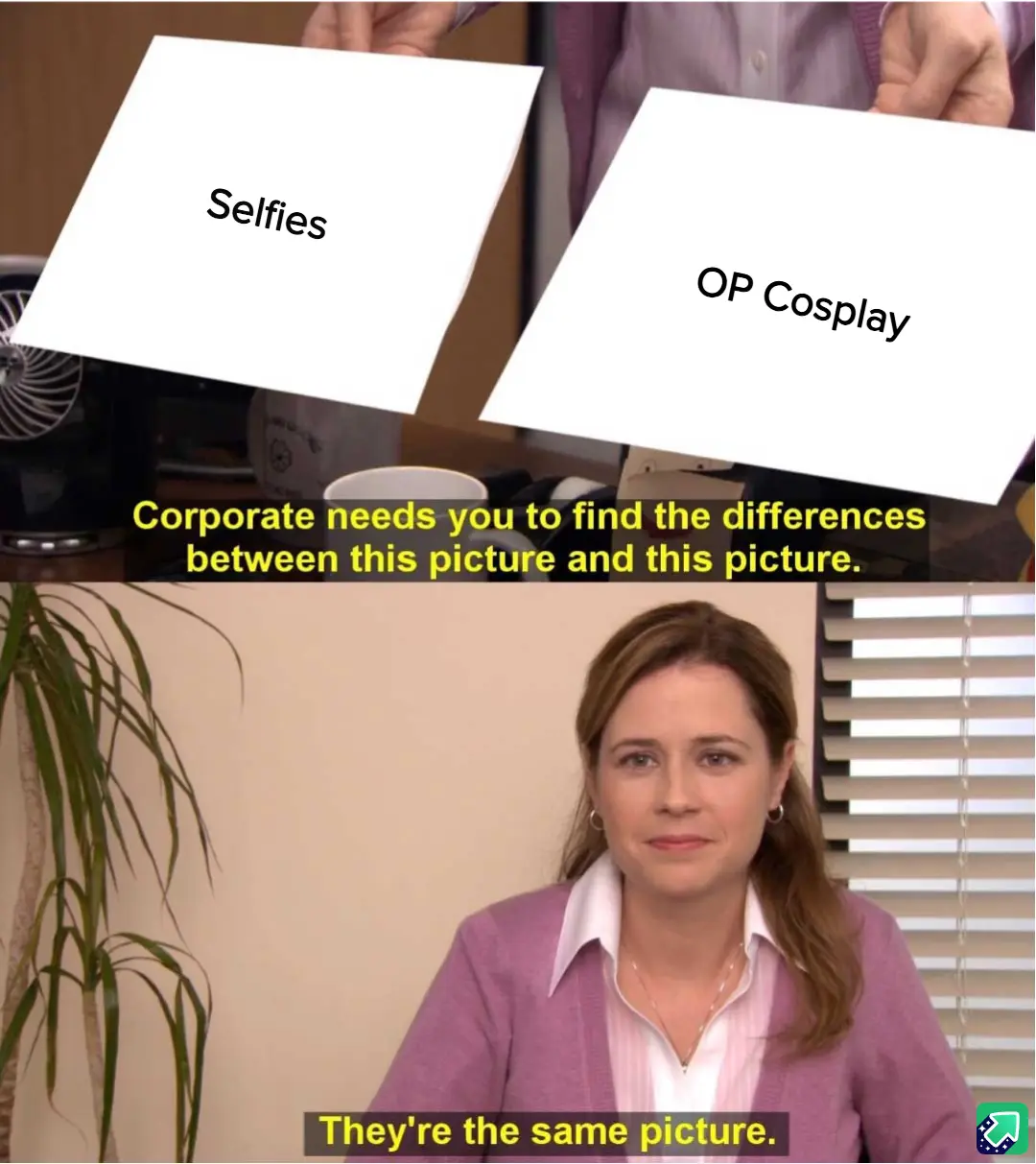 Two white cards labeled 'Selfies' and 'OP Cosplay' are held up. Below, a woman with a resigned expression says, 'They're the…