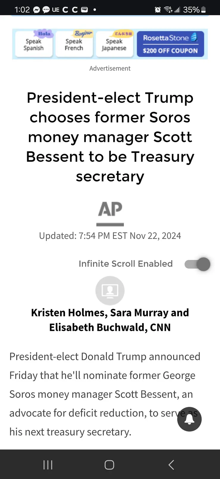 A screenshot of a fake news article from a mobile app, styled to look like a CNN AP report, with a headline claiming…