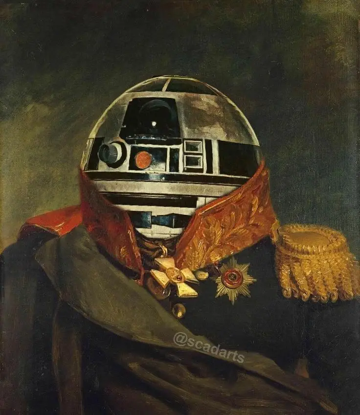 A digitally altered classical portrait painting depicts the droid R2-D2 wearing an ornate, dark military uniform with red…
