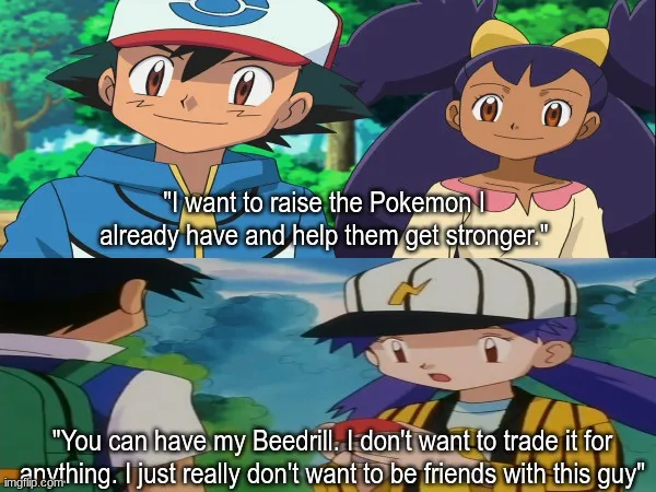 The image is a two-panel meme featuring Pokémon characters. The top panel shows Ash Ketchum and May smiling, with text…