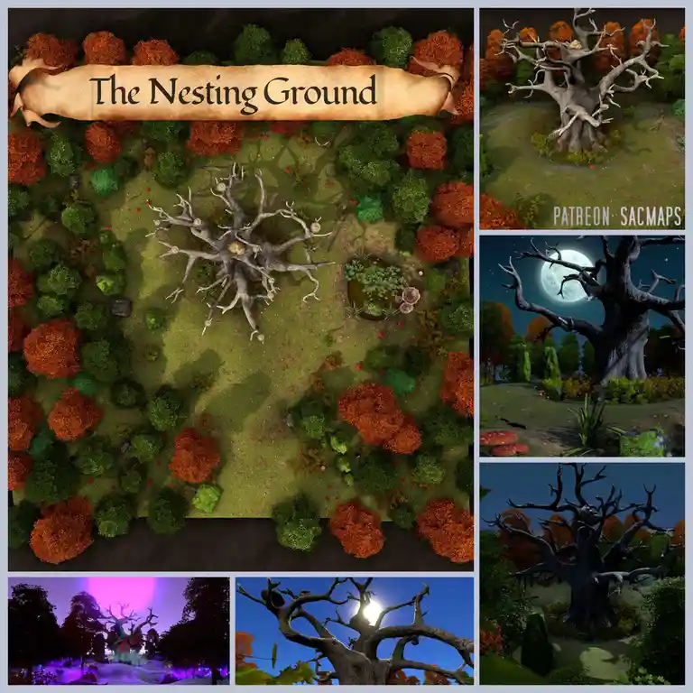 A collage of images featuring a large, gnarled, leafless tree in various settings: an overhead fantasy map labeled 'The…