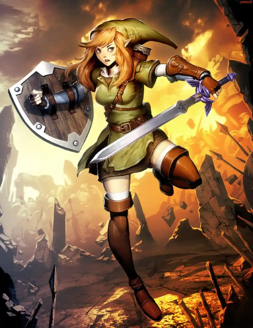 A female video game character with long orange hair, pointed ears, and a green tunic holds a sword and shield in a battle…