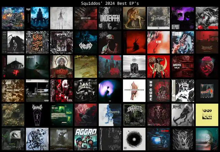 A grid of 30 dark, extreme metal album covers arranged in five rows, topped with the text 'Squ1ddos' 2024 Best EP's'. The…