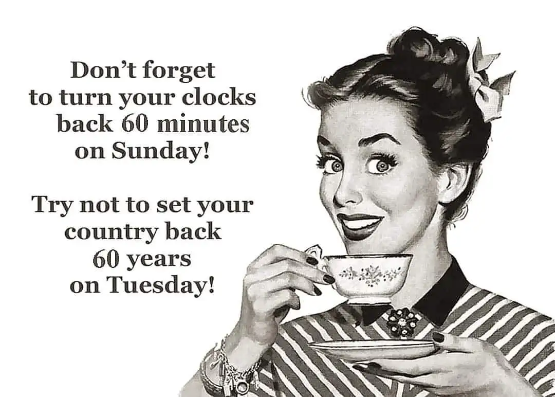 A vintage-style black-and-white illustration shows a smiling woman in a striped dress holding a teacup and saucer. Text…