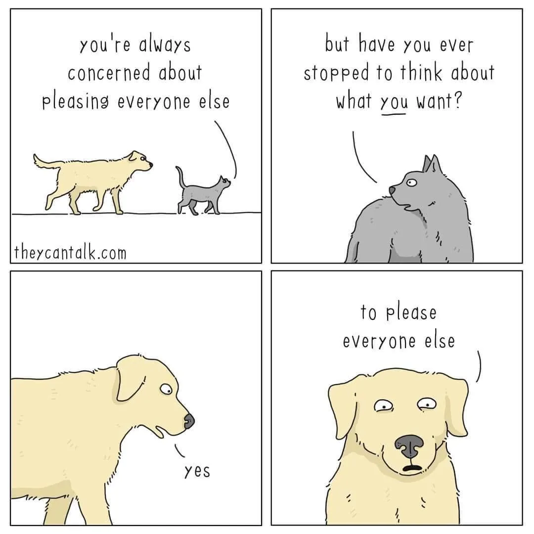 A four-panel comic strip featuring a yellow dog and a gray cat. In the first panel, the cat asks the dog if it's always…