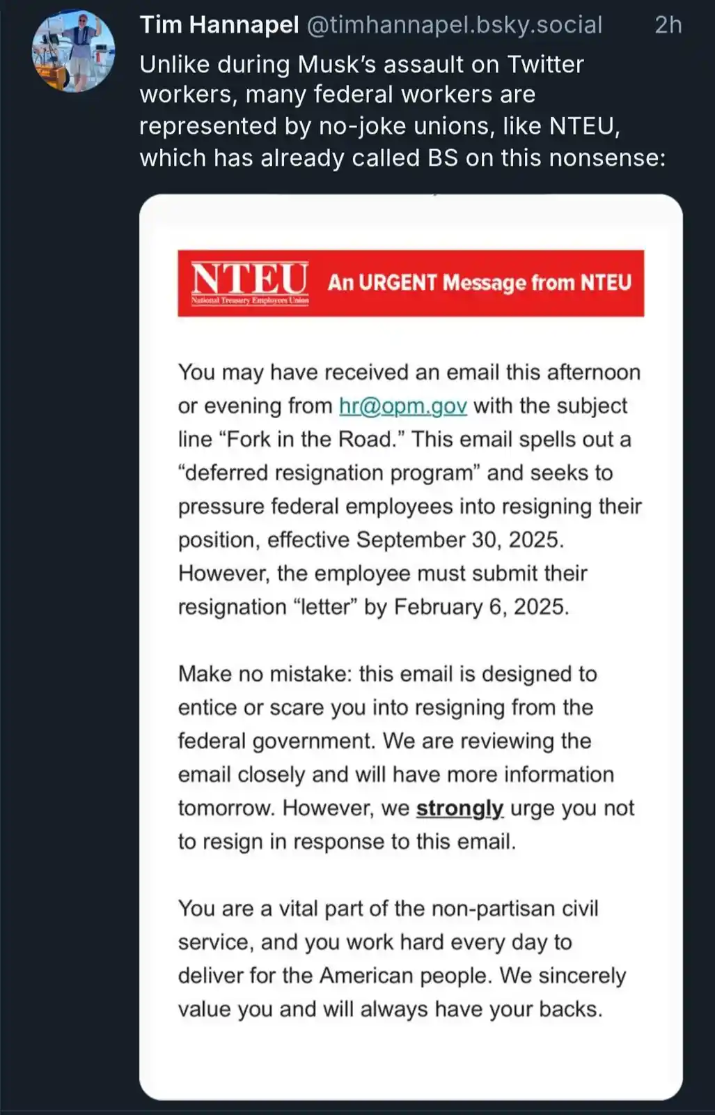 A screenshot of an NTEU (National Treasury Employees Union) email warning federal workers about a deceptive 'deferred…