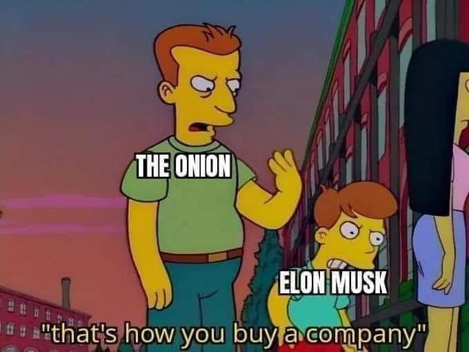 A still from The Simpsons shows a man labeled 'THE ONION' gesturing while speaking to a child labeled 'ELON MUSK', who looks…