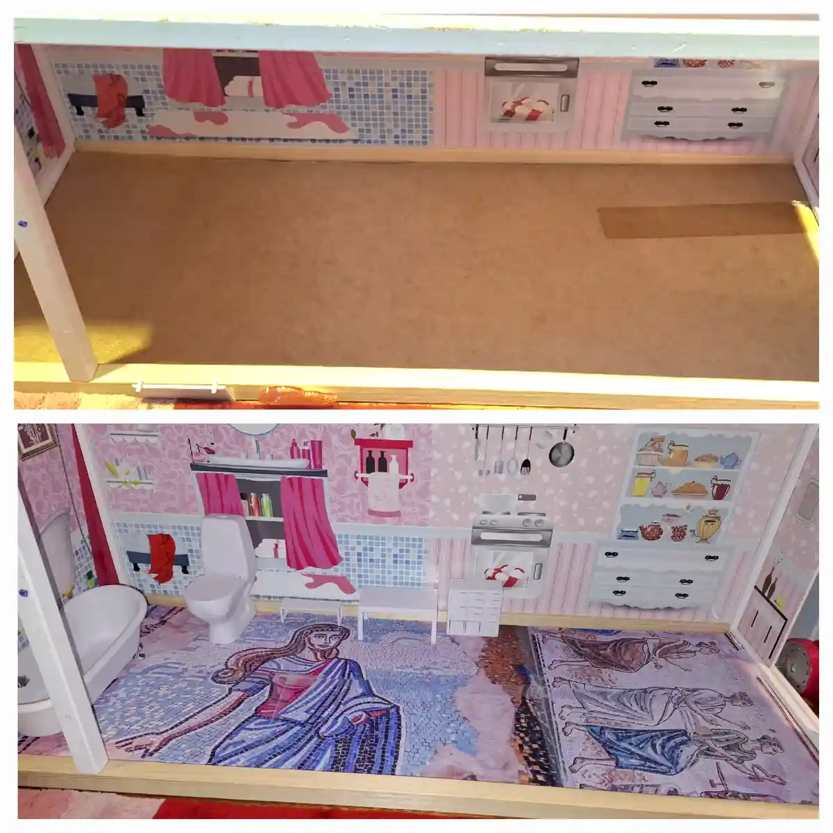 The image shows a dollhouse bathroom before and after a renovation. The 'before' photo displays a plain, unfinished floor…
