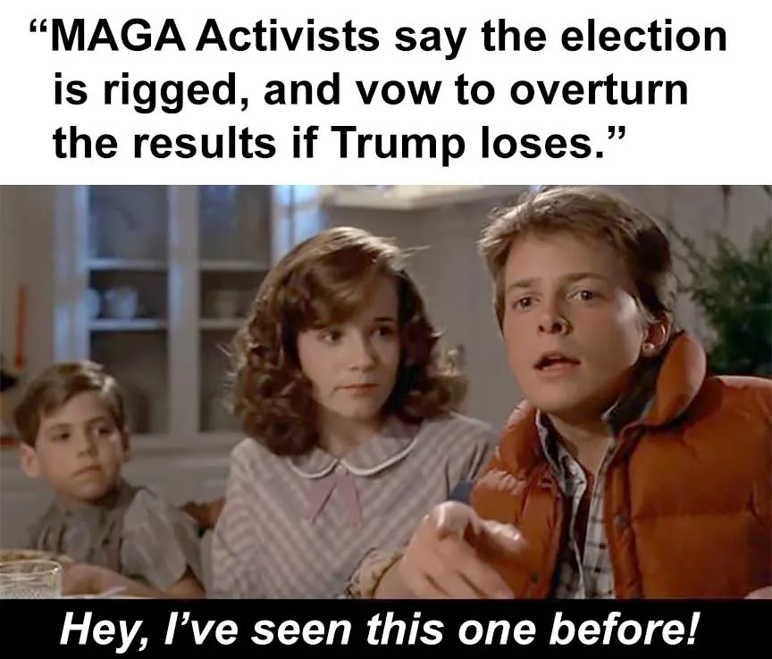 A still from the movie 'Back to the Future' shows three children at a table; the boy in the orange vest points forward with…