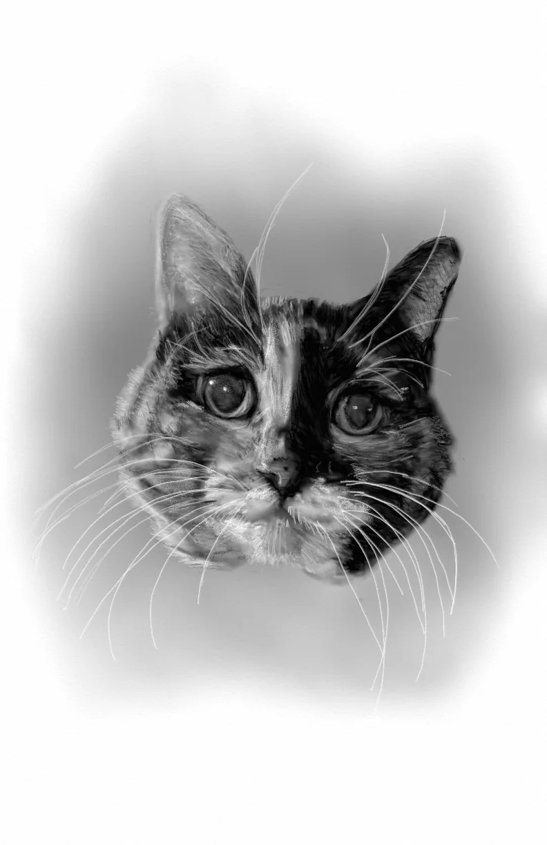 A black and white artistic rendering of a cat's face, with a human-like facial expression and wide, soulful eyes, set…