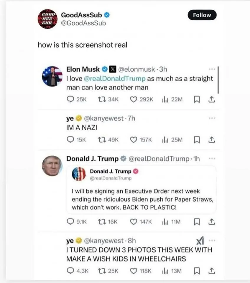 A screenshot of a Twitter thread shows Elon Musk tweeting he loves Donald Trump 'as much as a straight man can love another…