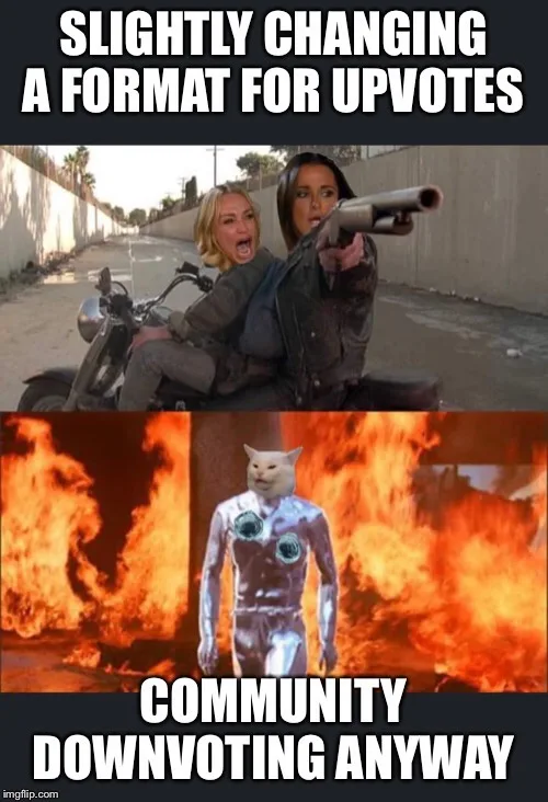 The image is a two-panel meme. The top panel shows two women on a motorcycle, one driving and the other holding a shotgun…