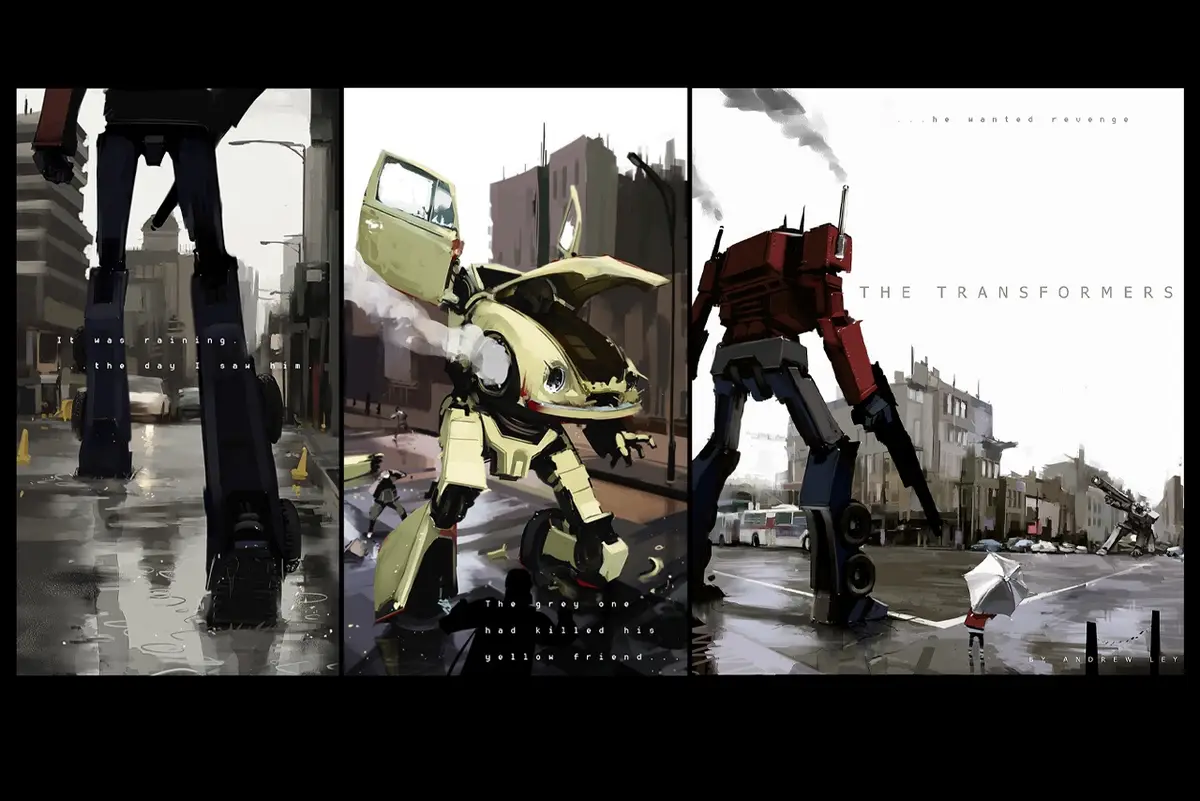 A triptych artwork depicting a rainy urban scene with three panels showing giant robots: a dark robot standing tall, a…