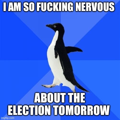 A black-and-white penguin stands against a blue background with diagonal lines. The text overlaid in bold white letters…