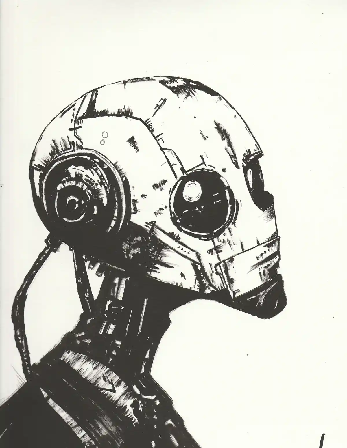 A black and white ink drawing shows a stylized, weathered robot head in profile, featuring large circular eyes and visible…