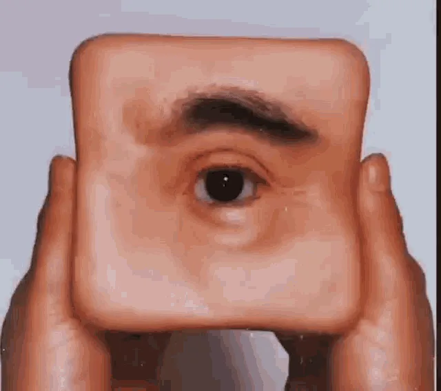 A six-panel image shows a person holding a square cutout of their own face, focusing on one eye. The sequence shows the eye…