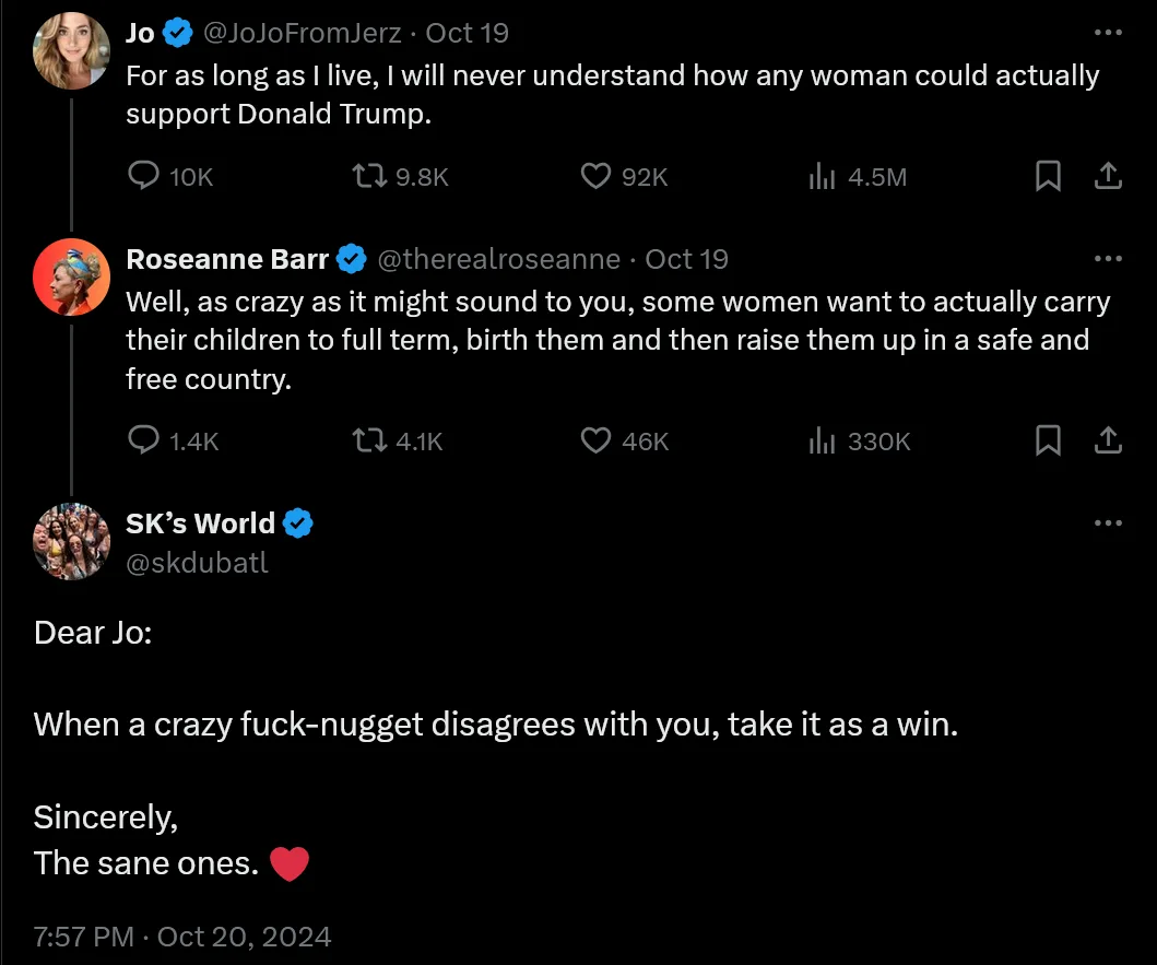 A screenshot of a Twitter thread shows Jo (@JoFromJerz) saying she'll never understand how any woman could support Donald…