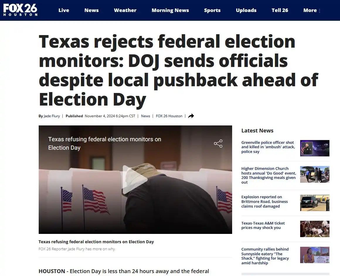 A screenshot of a FOX 26 Houston news article with the headline 'Texas rejects federal election monitors: DOJ sends…
