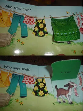 An open children's book page shows clothes hanging on a clothesline, with the text 'Who says meh?' at the top. The bottom…