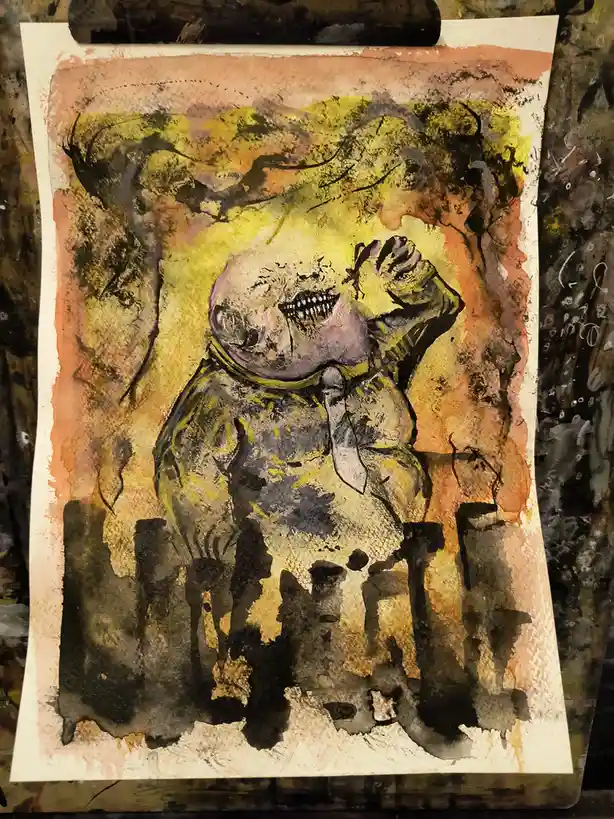 A watercolor painting depicts a grotesque, bald, smiling figure with a wide grin and sharp teeth, wearing a yellow scarf and…