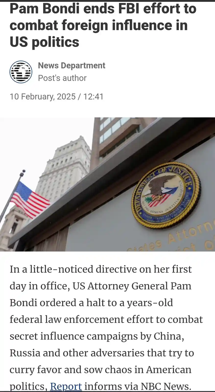 A news article screenshot shows a headline about US Attorney General Pam Bondi ending an FBI effort to combat foreign…