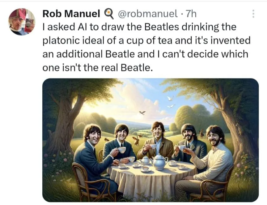 An AI-generated image shows five men resembling the Beatles seated around a tea table in a pastoral setting, each holding a…