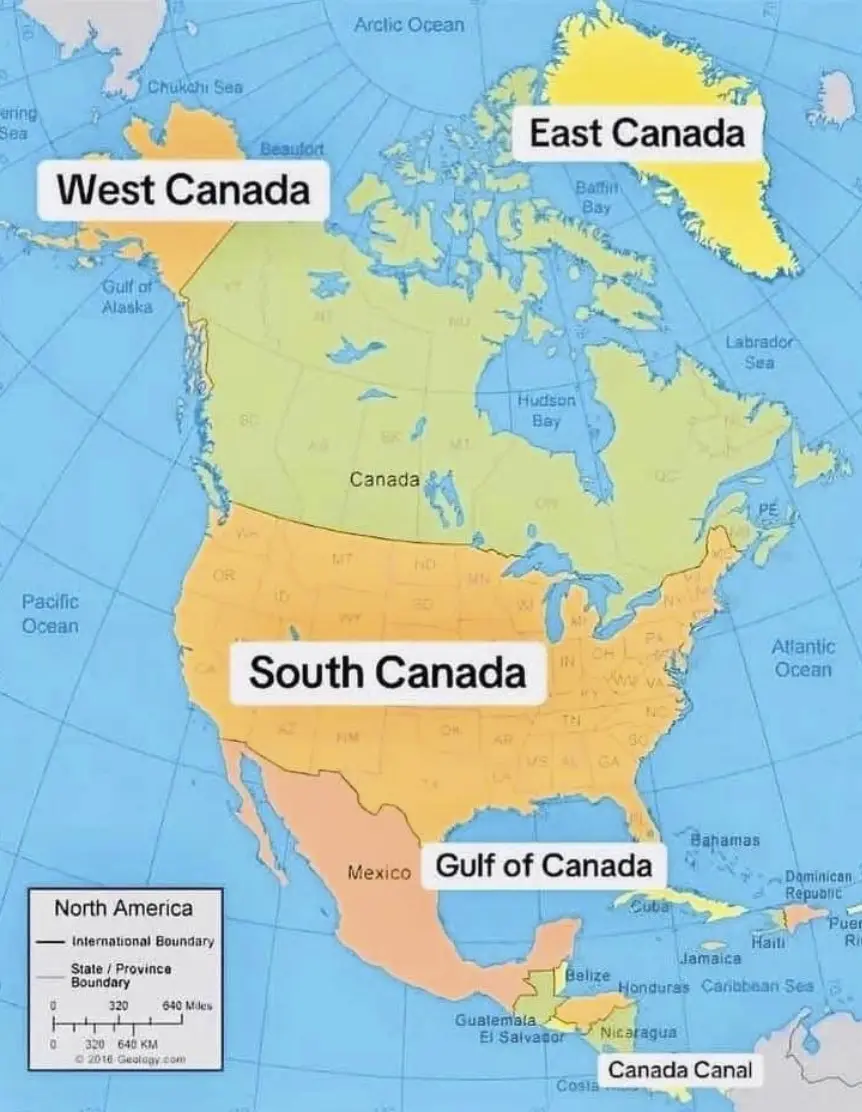 A map of North America humorously redrawn to show Canada as if it were a country divided into four regions: 'West Canada'…
