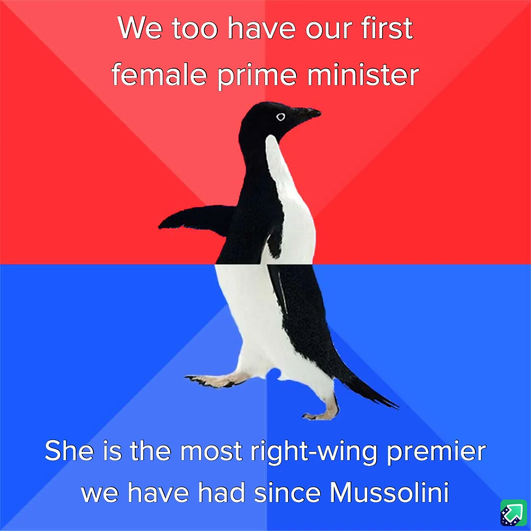 A penguin stands centered against a red and blue background, split horizontally. White text at the top reads 'We too have…