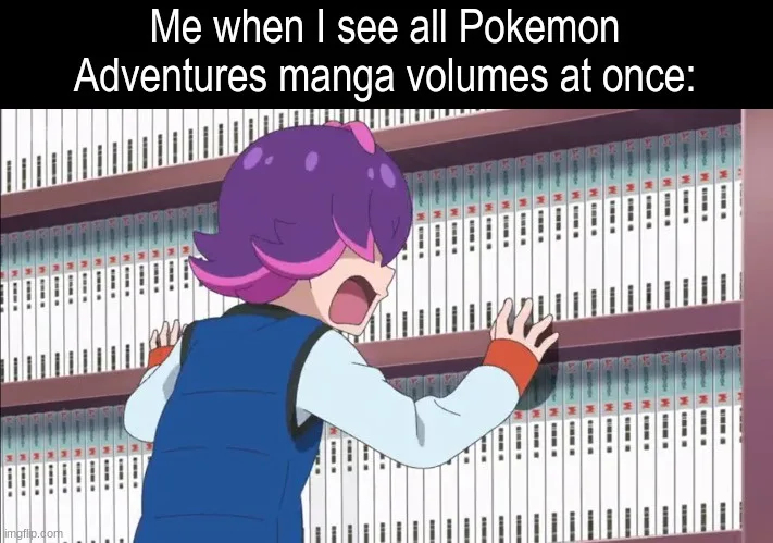 An anime character with purple hair and a blue vest stands before a towering bookshelf filled with identical manga volumes…