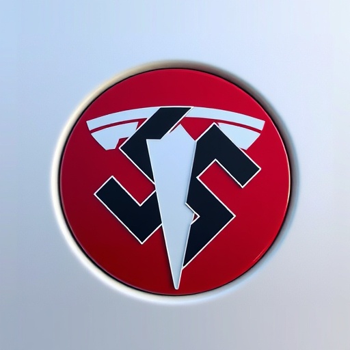 the image displays a circular red emblem on a light gray surface, which is the logo of tesla, but the 't' and 's' shapes…