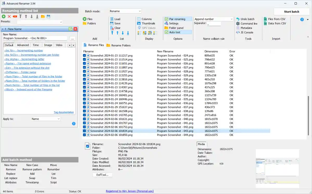 A screenshot of the 'Advanced Renamer' software interface showing a batch rename operation. The 'New Name' field is set to…