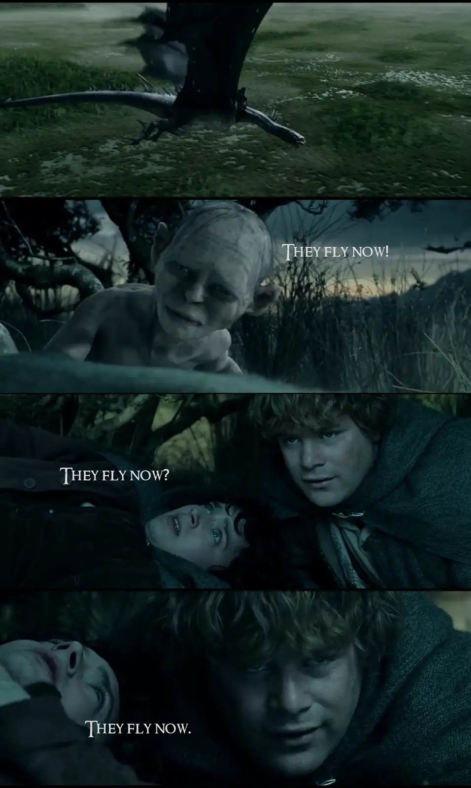 A four-panel meme from 'The Lord of the Rings' showing Gollum exclaiming 'THEY FLY NOW!' as a dragon flies overhead…
