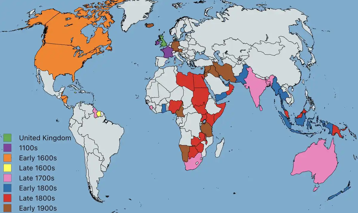 A world map colored by era showing the territorial expansion of the United Kingdom from the 1100s to the early 1900s, with a…