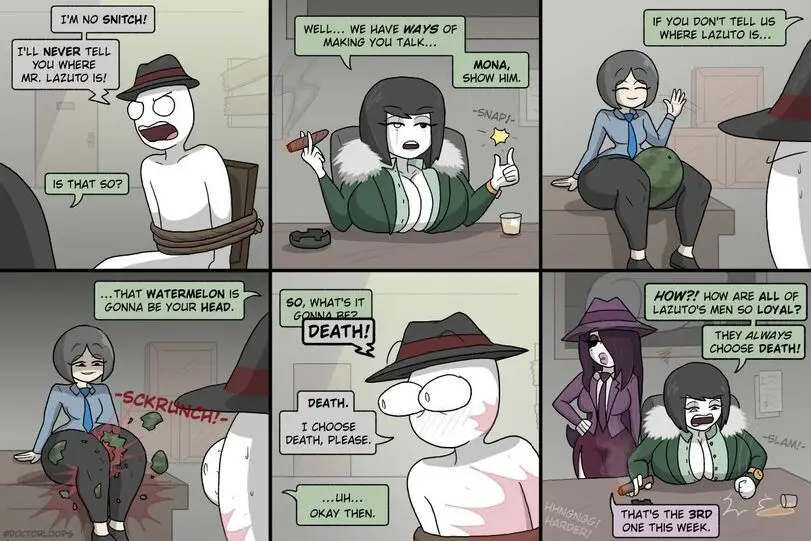 A six-panel comic strip shows a white, bound man refusing to reveal the location of 'Mr. Lazuto' to a menacing woman in a…