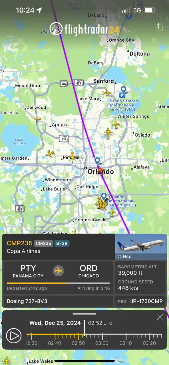 A Flightradar24 screenshot shows a Copa Airlines flight (CMP235) flying at 39,000 feet over Orlando, Florida, with a ground…