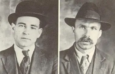 Two vintage black-and-white portraits side-by-side show the same man: on the left, clean-shaven with a bowler hat and suit…