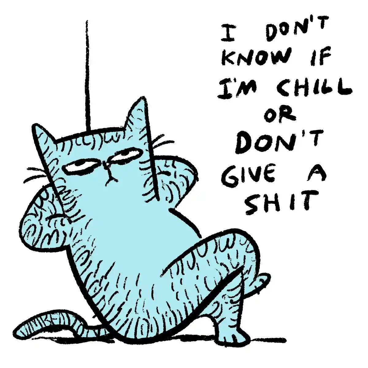 A hand-drawn, light blue cartoon cat with a bored expression sits in a relaxed pose, its body slightly slumped. The cat has…