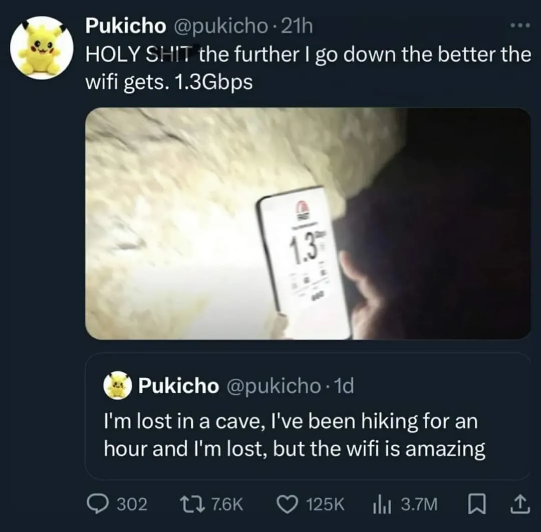 A screenshot of two tweets from user Pukicho. The first tweet exclaims excitement about getting 1.3Gbps WiFi speed while…