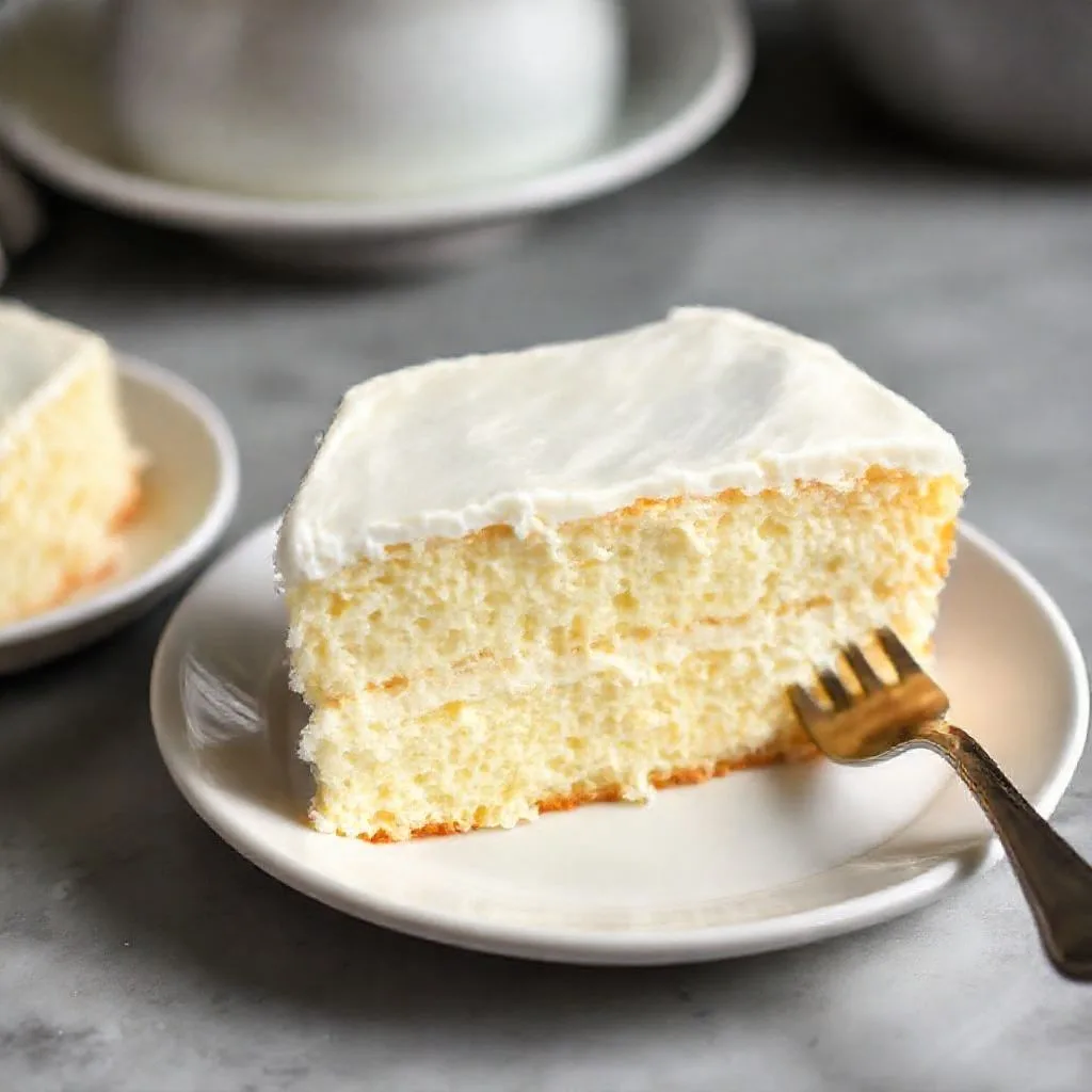 A close-up photo shows a slice of two-layer vanilla cake with white frosting on a white plate, with a fork inserted into the…
