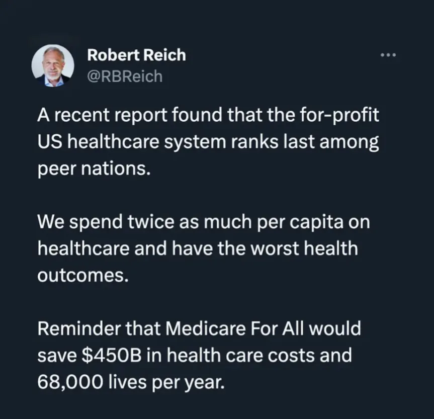 A screenshot of a tweet from Robert Reich (@RBRich) on a dark background, displaying white text that states a report found…
