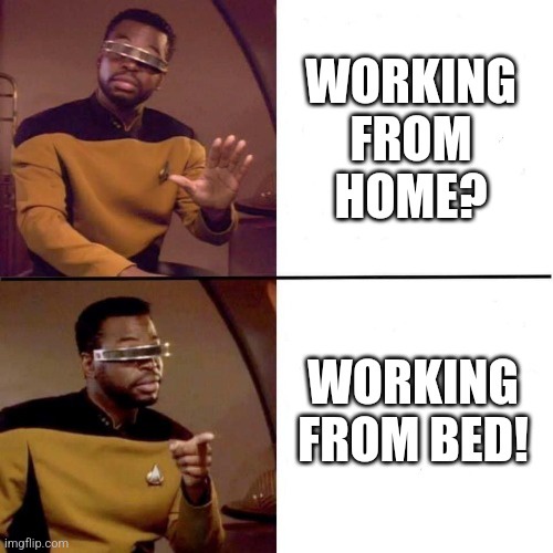 The image is a two-panel meme featuring the same Black man in a yellow Starfleet uniform from Star Trek: The Next…
