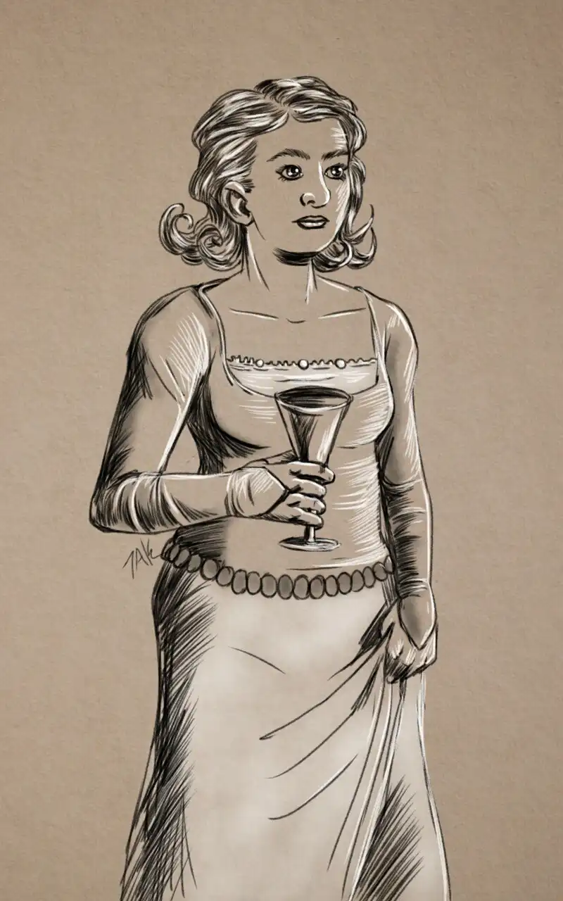 A sepia-toned sketch depicts a woman in a vintage dress holding a wine glass, looking slightly disinterested. The overlaid…