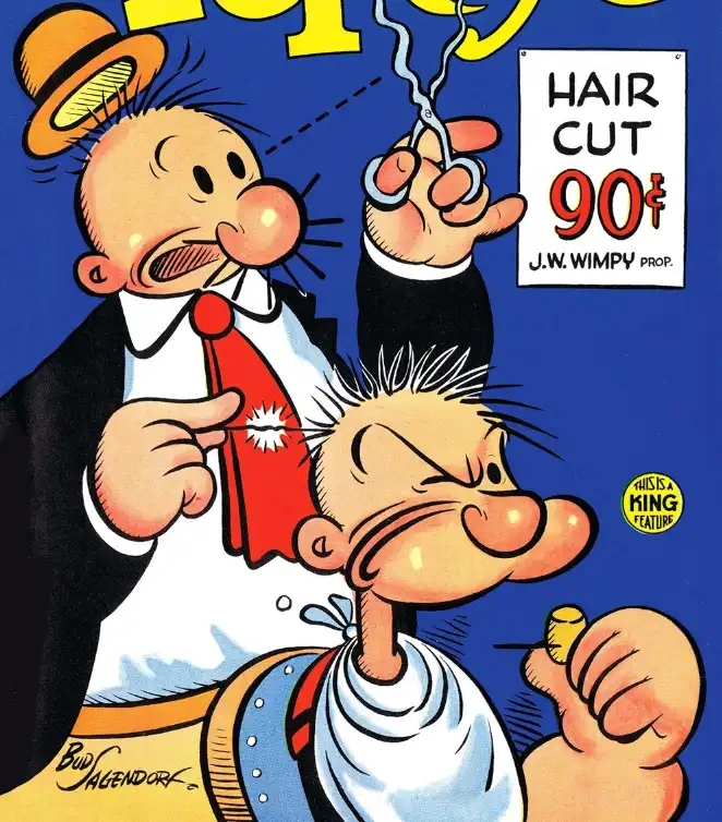 A vintage comic book cover shows a bald barber in a top hat and red tie holding scissors above a customer's head, who is…