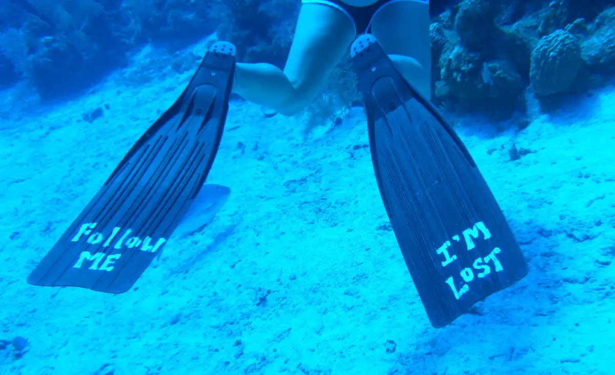 An underwater photo shows a person's legs and black swim fins against a blue sandy ocean floor with coral. One fin has the…
