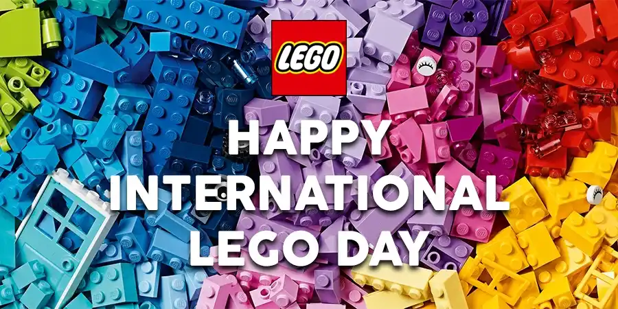 A vibrant background of assorted colorful LEGO bricks, including blue, purple, red, yellow, and green pieces, with the…