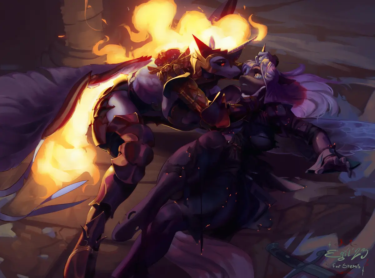 An anime-style illustration shows a muscular, armored, horned creature engulfed in bright orange flames, leaning over a…