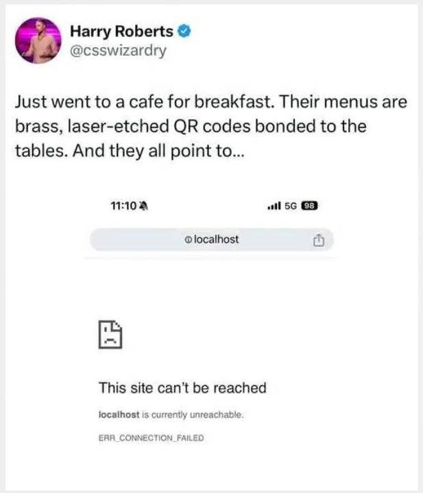 A screenshot of a tweet by Harry Roberts showing a web browser displaying a 'This site can't be reached' error page for…