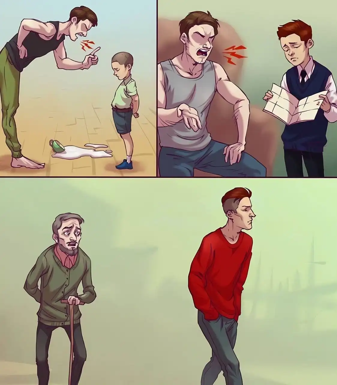 A three-panel comic strip shows a man yelling at a child over a spilled drink, then yelling at a teenager holding a paper…