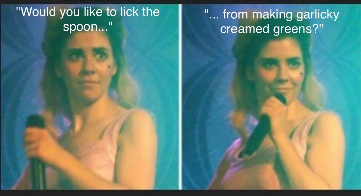A split image shows a woman in a pink top holding a microphone, first with a confused or hesitant expression, then with a…