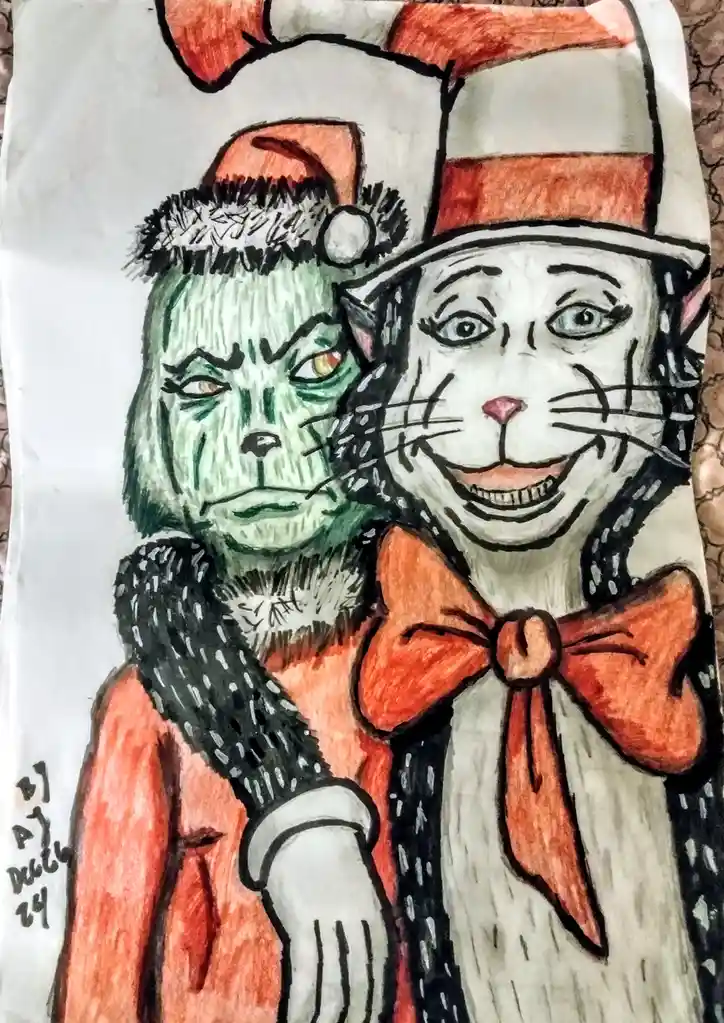 A hand-drawn illustration shows two iconic characters standing side-by-side: on the left, the green Grinch wearing a red…